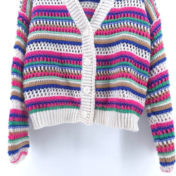 VIGOSS Womens Striped Candy Multicolor Crochet Button Down Sweater Cardigan L - Picture 3 of 12